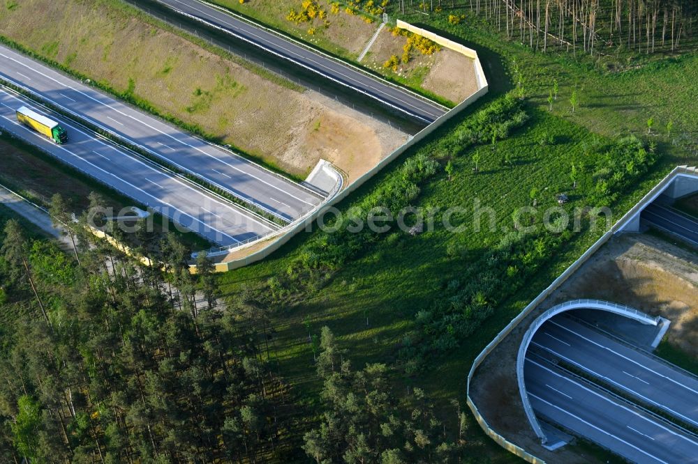 Aerial photograph Karstädt - Highway bridge structure applied as a wildlife crossing bridge Wild - Wild swap the BAB A 14 in Karstaedt in the state Brandenburg, Germany