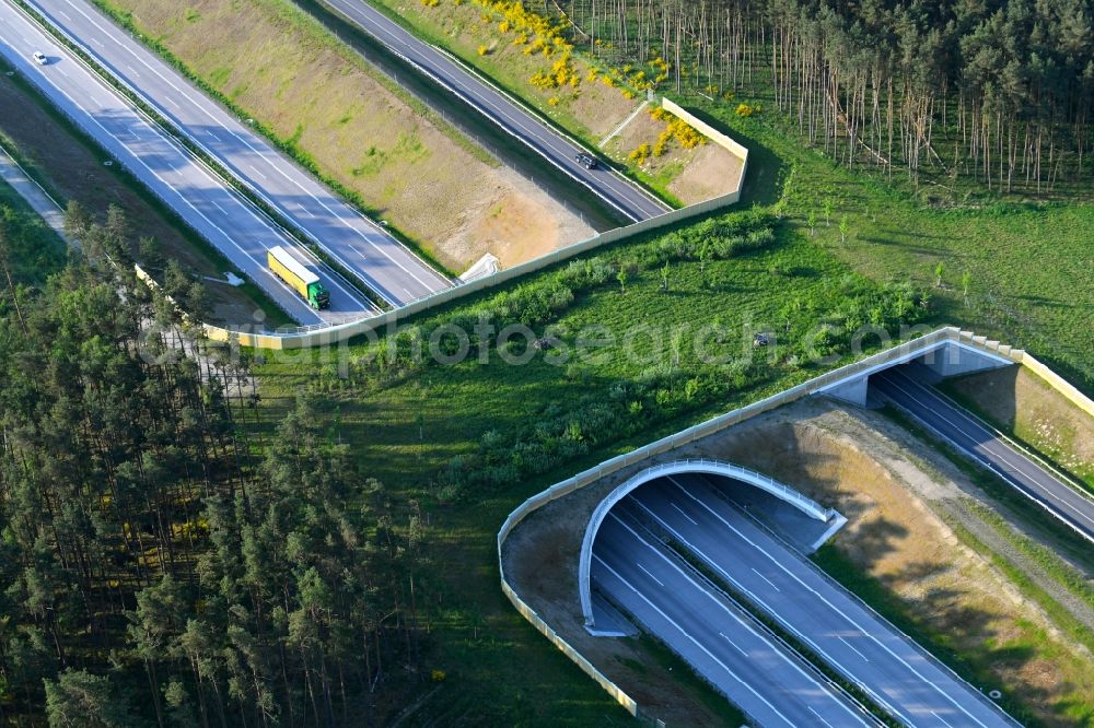 Karstädt from above - Highway bridge structure applied as a wildlife crossing bridge Wild - Wild swap the BAB A 14 in Karstaedt in the state Brandenburg, Germany