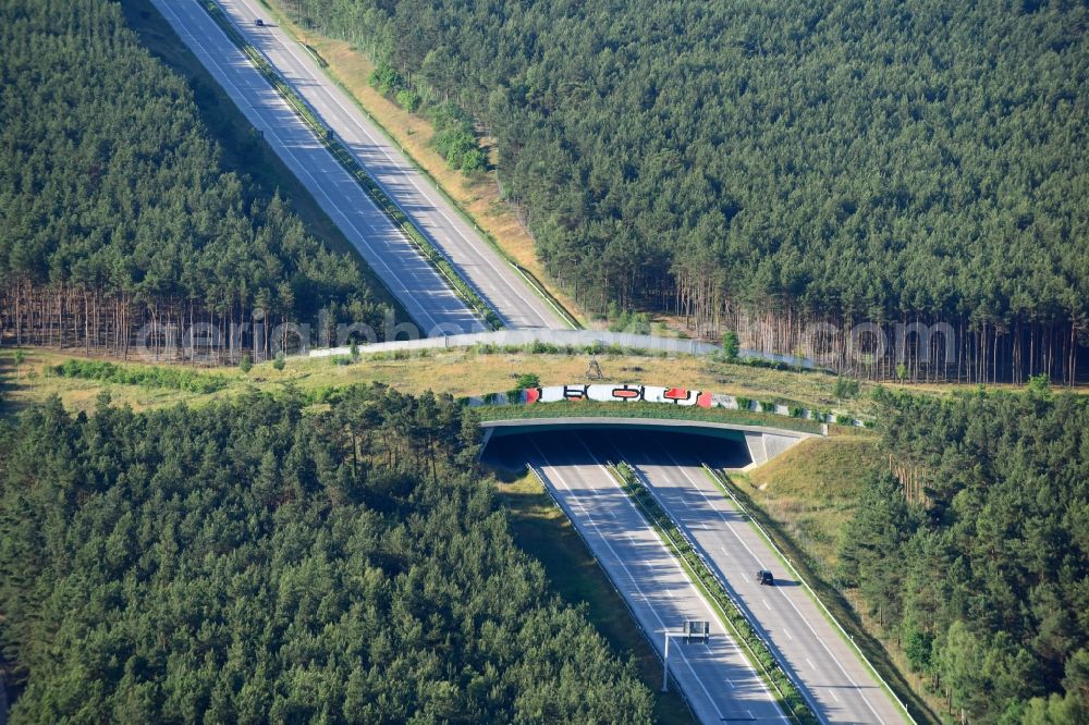 Aerial photograph Teupitz - Highway bridge structure applied as a wildlife crossing bridge Wild - Wild swap the BAB A 13 in Teupitz in the state Brandenburg, Germany