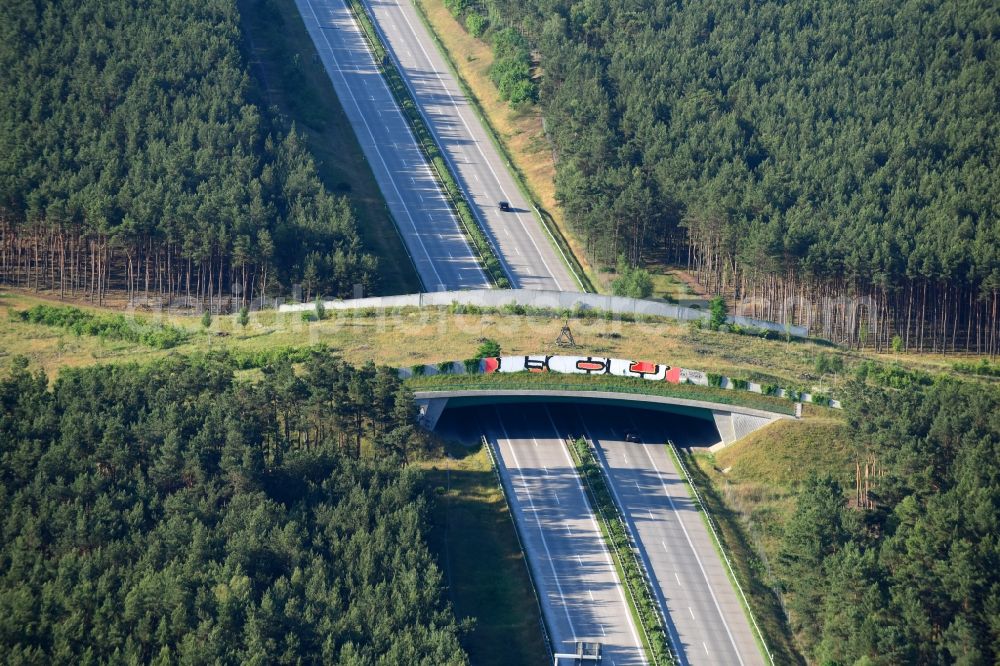 Teupitz from above - Highway bridge structure applied as a wildlife crossing bridge Wild - Wild swap the BAB A 13 in Teupitz in the state Brandenburg, Germany