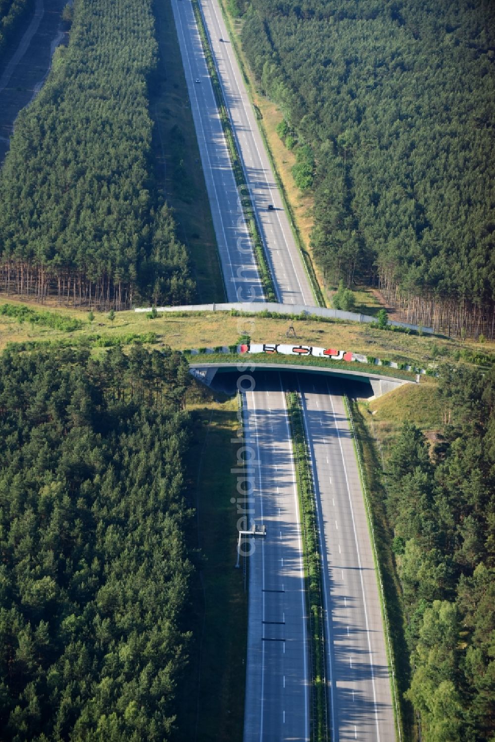 Teupitz from the bird's eye view: Highway bridge structure applied as a wildlife crossing bridge Wild - Wild swap the BAB A 13 in Teupitz in the state Brandenburg, Germany