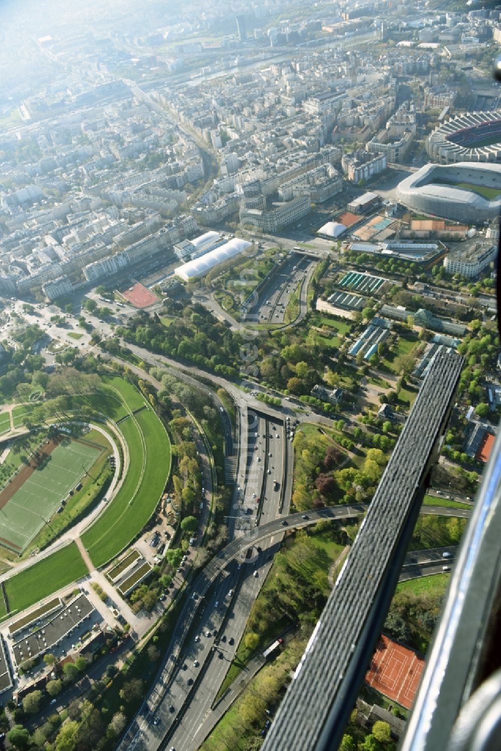 Aerial image Paris - Highway bridge structure applied as a wildlife crossing bridge Wild - Wild swap on Bd Periperique in Paris in Ile-de-France, France