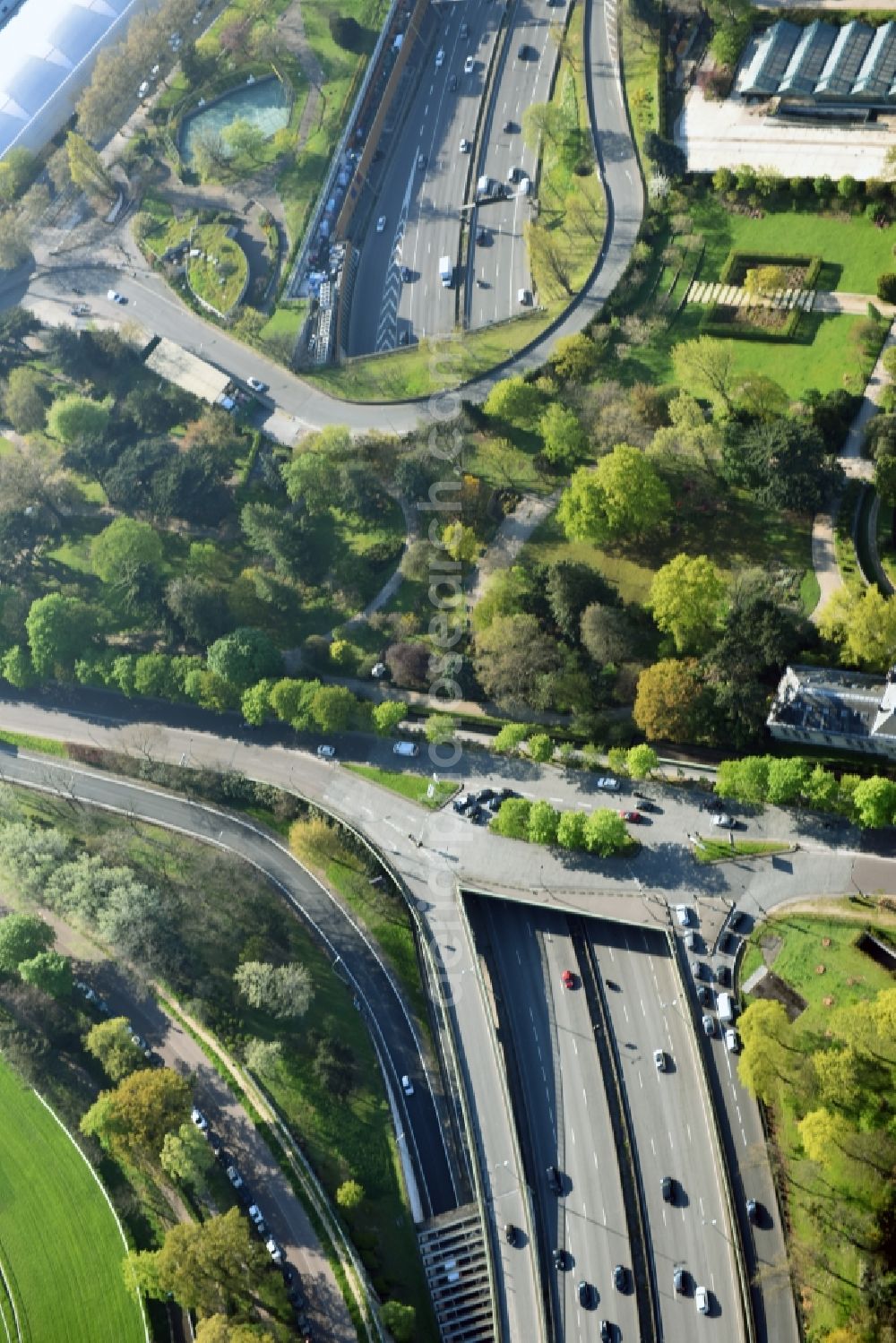 Paris from above - Highway bridge structure applied as a wildlife crossing bridge Wild - Wild swap on Bd Periperique in Paris in Ile-de-France, France