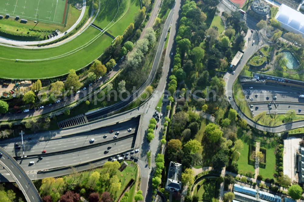 Aerial image Paris - Highway bridge structure applied as a wildlife crossing bridge Wild - Wild swap on Bd Periperique in Paris in Ile-de-France, France