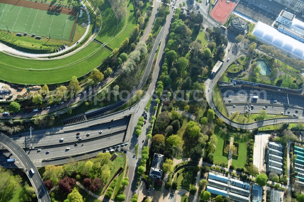 Aerial photograph Paris - Highway bridge structure applied as a wildlife crossing bridge Wild - Wild swap on Bd Periperique in Paris in Ile-de-France, France