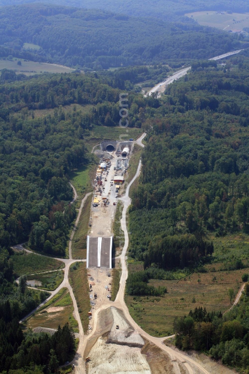 Rheinfelden (Baden) from above - Routing and traffic lanes over the highway bridge at the motorway A 98 and tunnel entrance of the Herrschaftsbucktunnel in Rheinfelden (Baden) in the state Baden-Wurttemberg, Germany