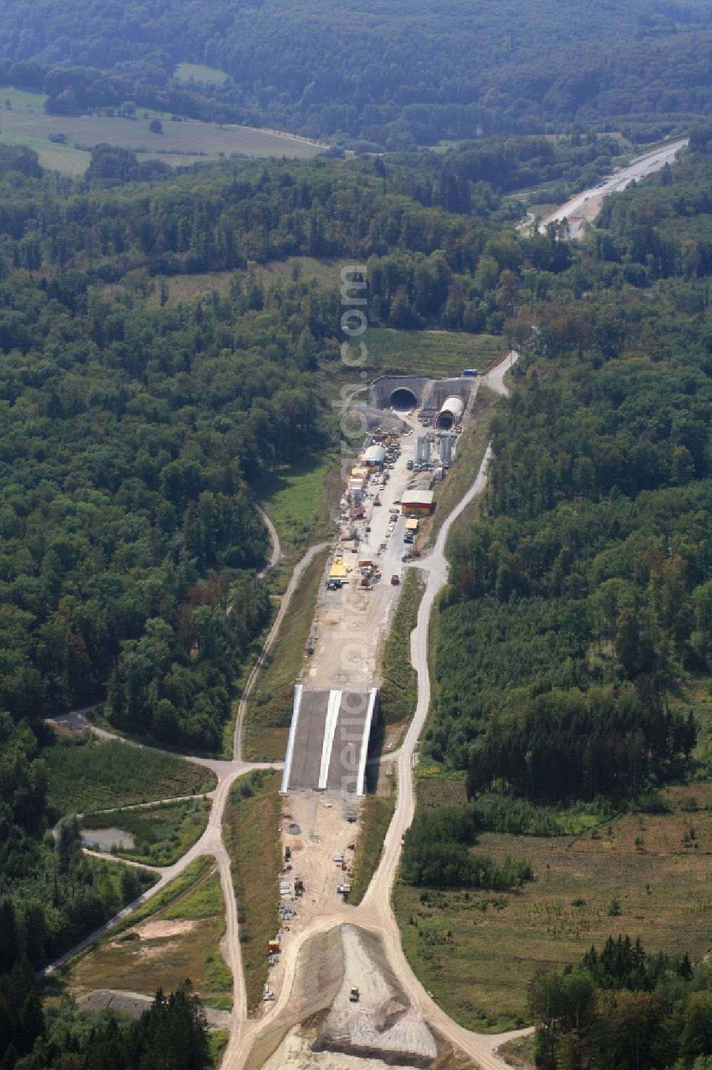 Rheinfelden (Baden) from the bird's eye view: Routing and traffic lanes over the highway bridge at the motorway A 98 and tunnel entrance of the Herrschaftsbucktunnel in Rheinfelden (Baden) in the state Baden-Wurttemberg, Germany