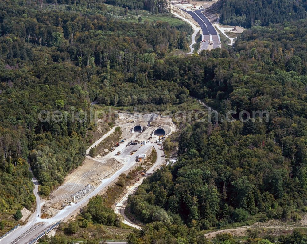 Aerial image Rheinfelden (Baden) - Routing and traffic lanes over the highway bridge at the motorway A 98 and tunnel entrance of the Herrschaftsbucktunnel in Rheinfelden (Baden) in the state Baden-Wurttemberg, Germany