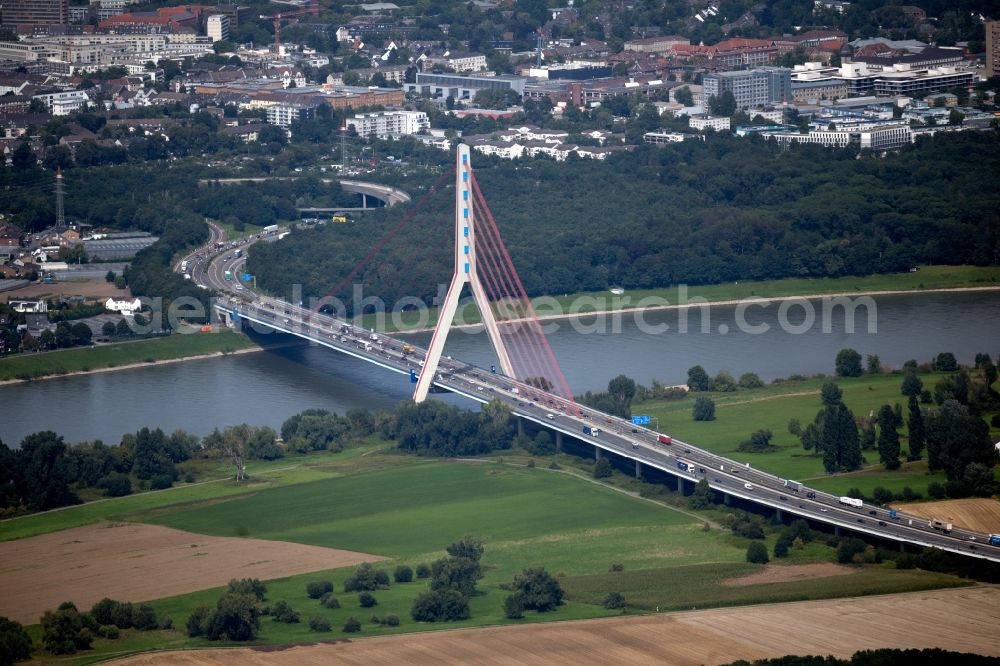 Düsseldorf from above - Construction site for the new building of Routing and traffic lanes over the highway bridge in the motorway A 46 - also called Rheinbruecke in the district Flehe in Duesseldorf at Ruhrgebiet in the state North Rhine-Westphalia, Germany