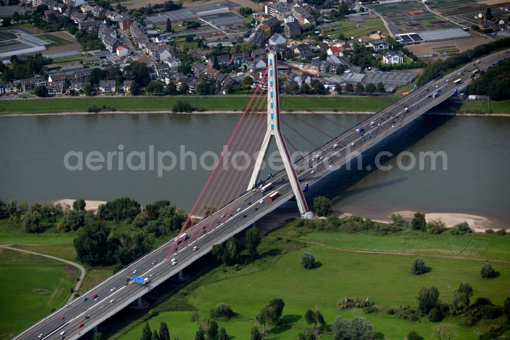 Aerial image Düsseldorf - Construction site for the new building of Routing and traffic lanes over the highway bridge in the motorway A 46 - also called Rheinbruecke in the district Flehe in Duesseldorf at Ruhrgebiet in the state North Rhine-Westphalia, Germany