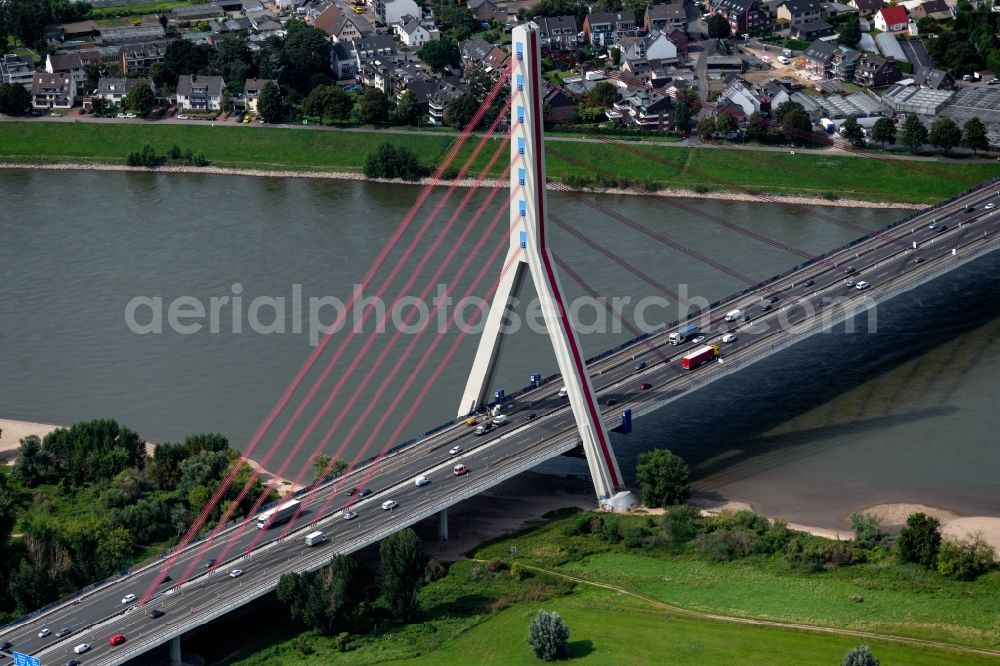 Aerial photograph Düsseldorf - Construction site for the new building of Routing and traffic lanes over the highway bridge in the motorway A 46 - also called Rheinbruecke in the district Flehe in Duesseldorf at Ruhrgebiet in the state North Rhine-Westphalia, Germany