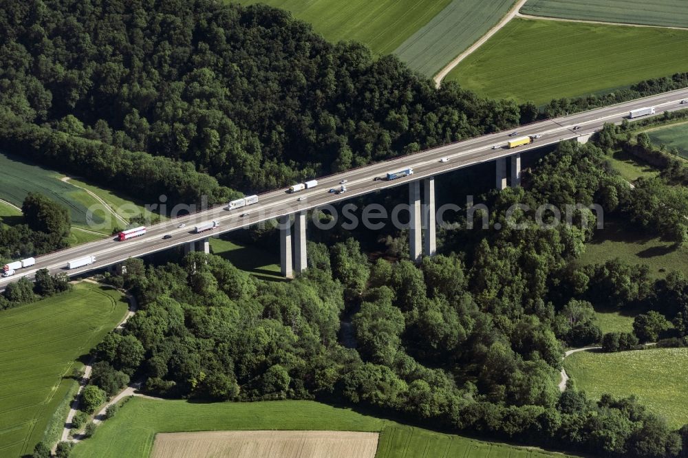 Satteldorf from above - Routing and traffic lanes over the highway bridge in the motorway A 6 in in the state Baden-Wuerttemberg, Germany