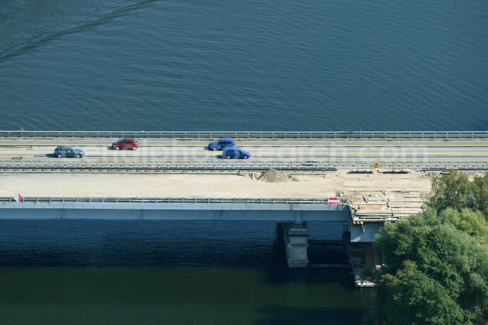 Aerial photograph Petersdorf - Routing and traffic lanes over the highway bridge in the motorway A 19 and new construction site in Petersdorf in the state Mecklenburg - Western Pomerania