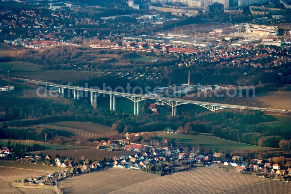 Aerial image Dohna - Routing and traffic lanes over the highway bridge in the motorway A 17 bei Dresden in Dohna in the state Saxony, Germany