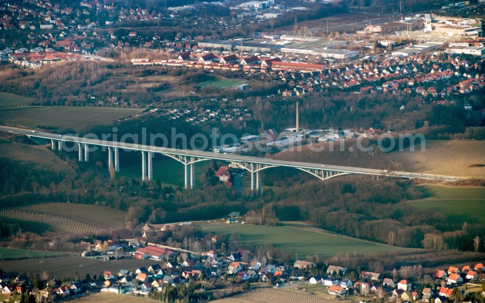 Dohna from above - Routing and traffic lanes over the highway bridge in the motorway A 17 bei Dresden in Dohna in the state Saxony, Germany