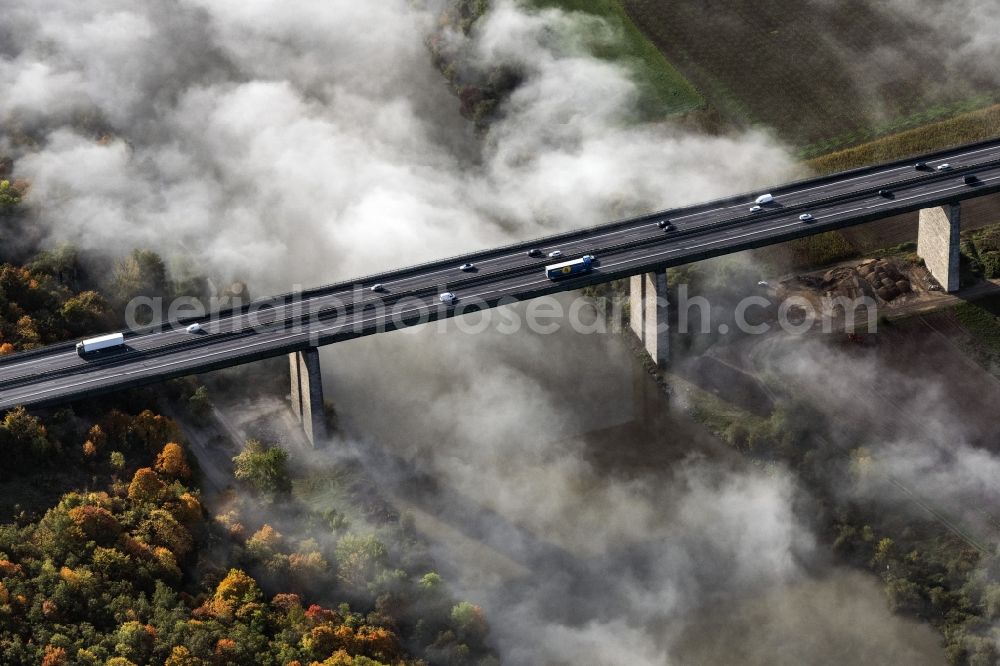 Sinzing from above - Routing and traffic lanes over the highway bridge in the motorway A 3 in Sinzing in the state Bavaria, Germany