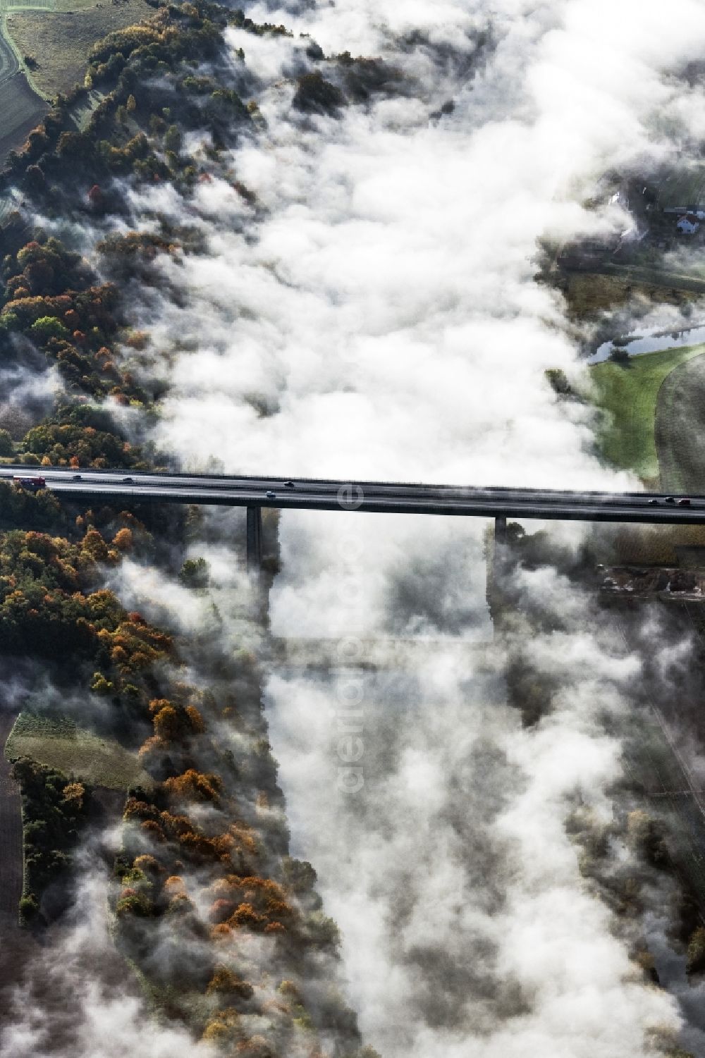 Sinzing from above - Routing and traffic lanes over the highway bridge in the motorway A 3 in Sinzing in the state Bavaria, Germany