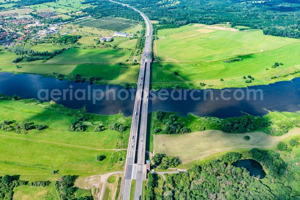 Vockerode from above - Routing and traffic lanes over the highway bridge in the motorway A9 ueber of Elbe in Vockerode in the state Saxony-Anhalt, Germany