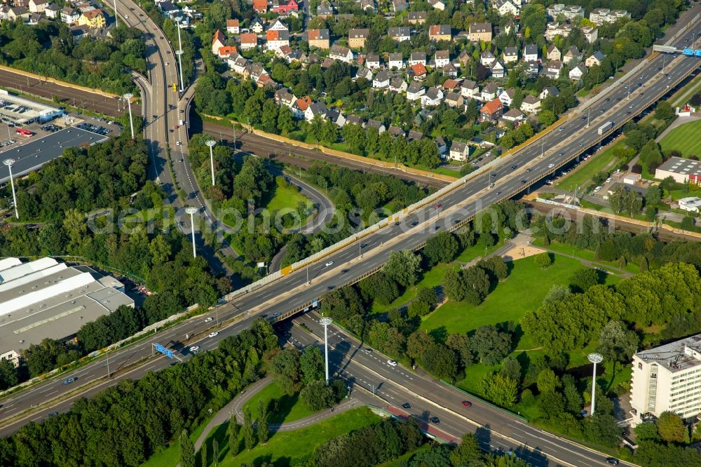 Leverkusen from the bird's eye view: Routing and traffic lanes over the highway bridge in the motorway A 1 over Europaring and railway tracks in Leverkusen in the state of North Rhine-Westphalia