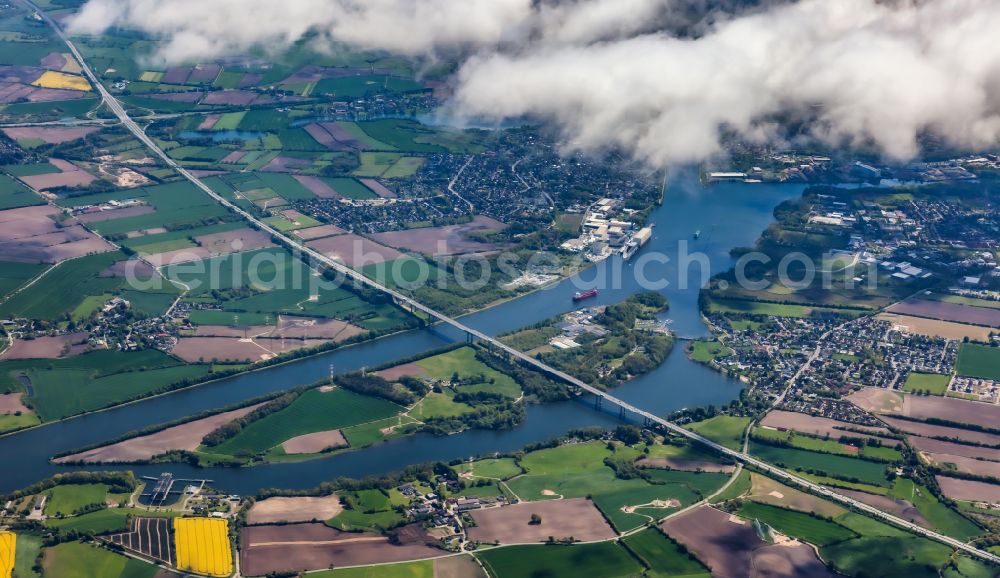 Rade from the bird's eye view: Motorway bridge structure of the BAB A7 over the Kiel Canal in Rade in the state Schleswig-Holstein, Germany