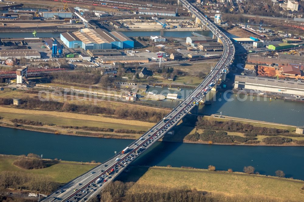 Aerial image Duisburg - Routing and traffic lanes over the highway bridge in the motorway A 59 over the Rhine river course in Duisburg in the state North Rhine-Westphalia, Germany