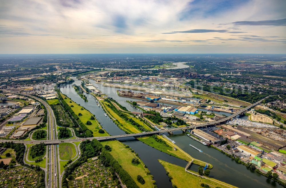 Duisburg from above - Routing and traffic lanes over the highway bridge in the motorway A 59 over the Rhine river course in Duisburg in the state North Rhine-Westphalia, Germany