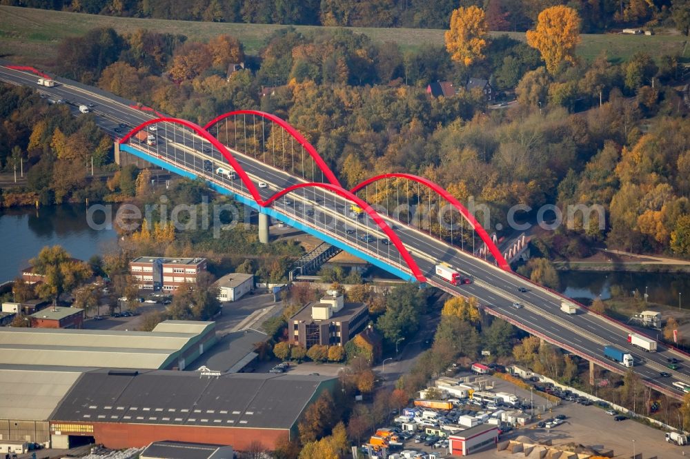 Bottrop from the bird's eye view: Highway bridge construction of the motorway A 42 over the Rhine-Herne canal in Bottrop in North Rhine-Westphalia