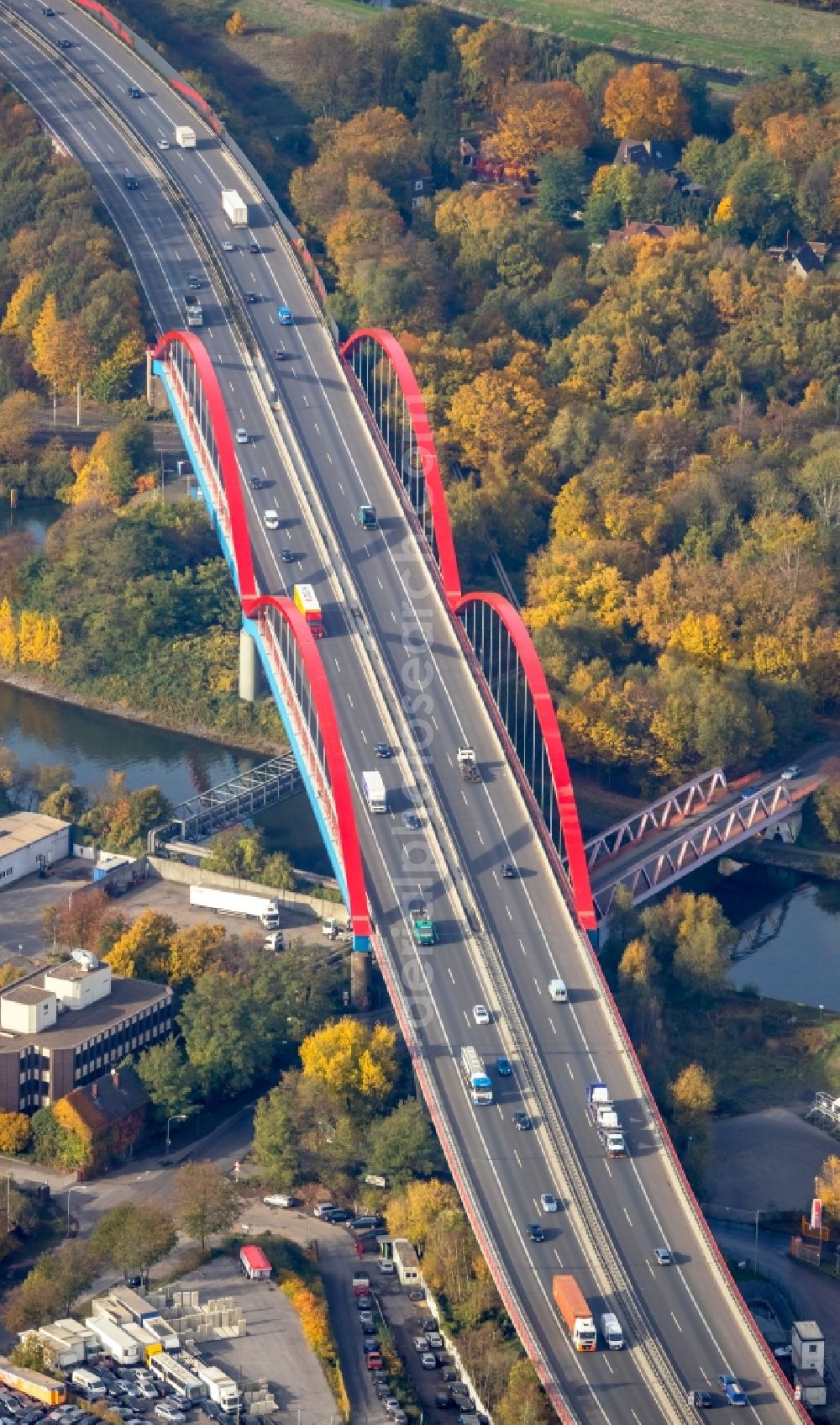 Aerial image Bottrop - Highway bridge construction of the motorway A 42 over the Rhine-Herne canal in Bottrop in North Rhine-Westphalia