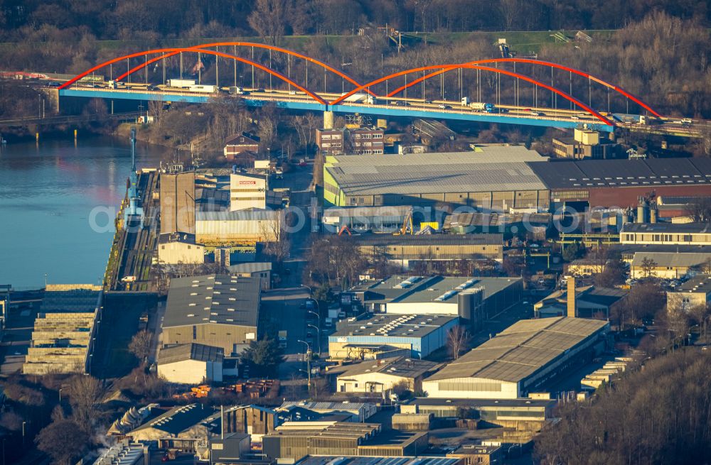 Bottrop from the bird's eye view: Highway bridge construction of the motorway A 42 over the Rhine-Herne canal in Bottrop in North Rhine-Westphalia