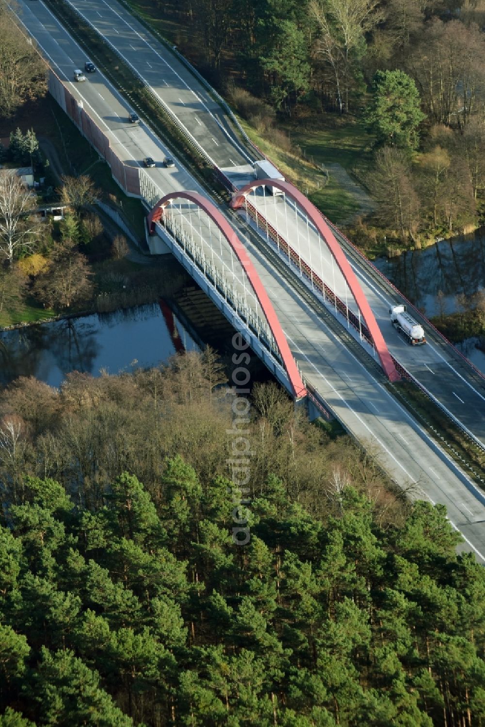 Berkenbrück from above - Routing and traffic lanes over the highway bridge in the motorway A 12 on the banks of the river course of Fuerstenwalder Spree in Berkenbrueck in the state Brandenburg