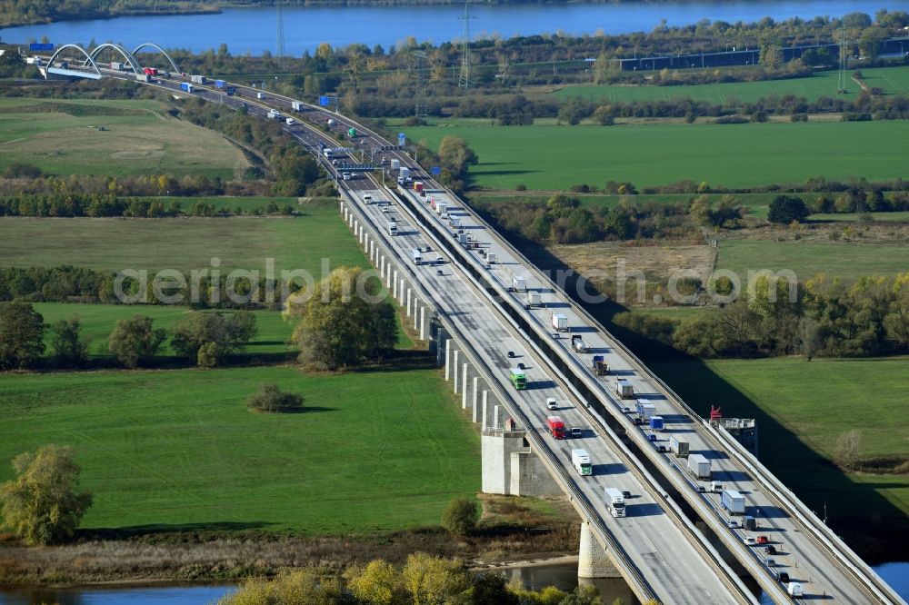 Hohenwarthe from above - Routing and traffic lanes over the highway bridge in the motorway A 2 Elbbruecke about the shore of Elbe river in Hohenwarthe in the state Saxony-Anhalt, Germany