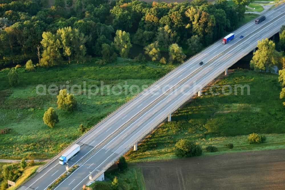 Neugattersleben from above - Routing and traffic lanes over the highway bridge in the motorway A 14 in Neugattersleben in the state Saxony-Anhalt, Germany