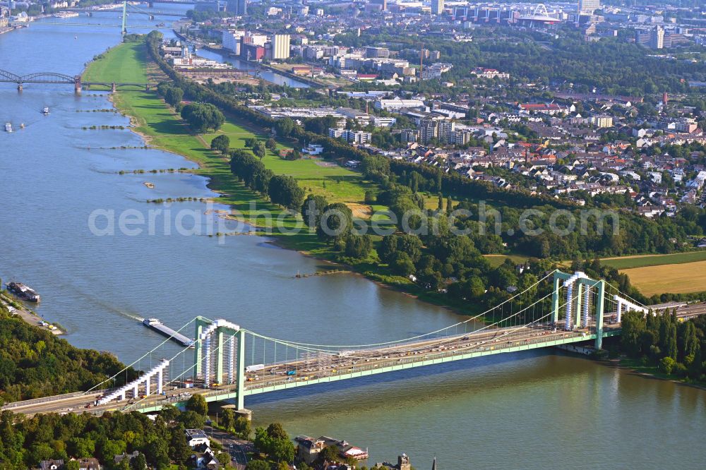 Köln from above - Routing and traffic lanes over the highway bridge in the motorway A A4 in Cologne in the state North Rhine-Westphalia, Germany