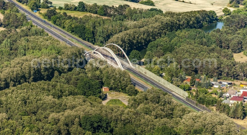 Aerial photograph Schorfheide - Routing and traffic lanes over the highway bridge in the motorway A 11 in Schorfheide in the state Brandenburg