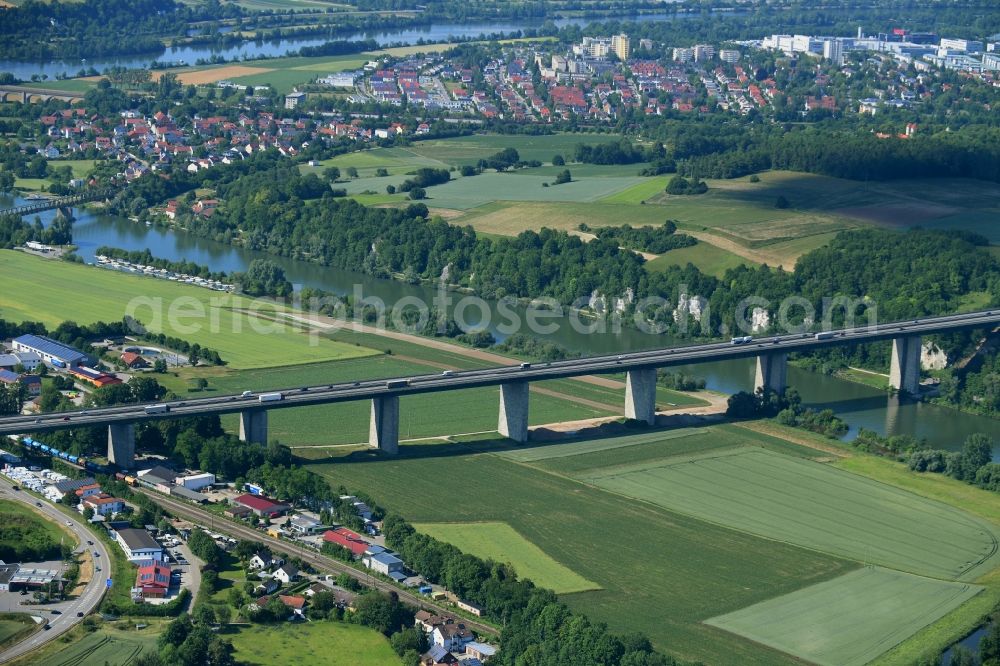 Sinzing from the bird's eye view: Routing and traffic lanes over the highway bridge in the motorway A 3 in Sinzing in the state Bavaria, Germany