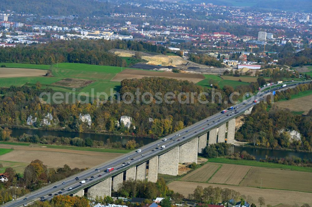 Sinzing from above - Routing and traffic lanes over the highway bridge in the motorway A 3 in Sinzing in the state Bavaria, Germany