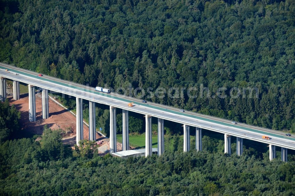 Aerial image Ebersburg - Routing and traffic lanes over the highway bridge in the motorway A 7 E45 - Viadukt of Doellbachtalbruecke in Ebersburg in the state Hesse