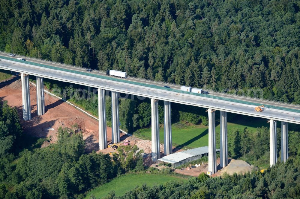 Ebersburg from above - Routing and traffic lanes over the highway bridge in the motorway A 7 E45 - Viadukt of Doellbachtalbruecke in Ebersburg in the state Hesse