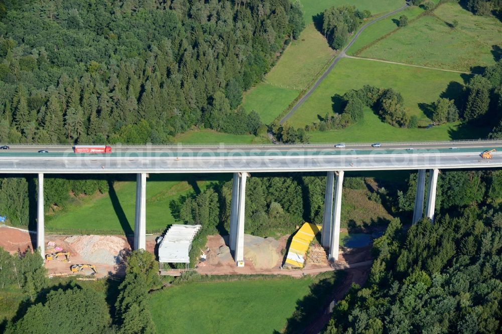 Aerial image Ebersburg - Routing and traffic lanes over the highway bridge in the motorway A 7 E45 - Viadukt of Doellbachtalbruecke in Ebersburg in the state Hesse