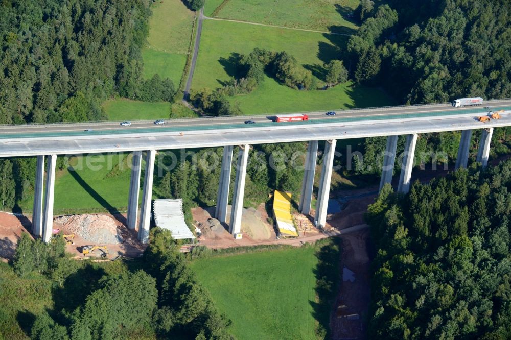 Ebersburg from above - Routing and traffic lanes over the highway bridge in the motorway A 7 E45 - Viadukt of Doellbachtalbruecke in Ebersburg in the state Hesse