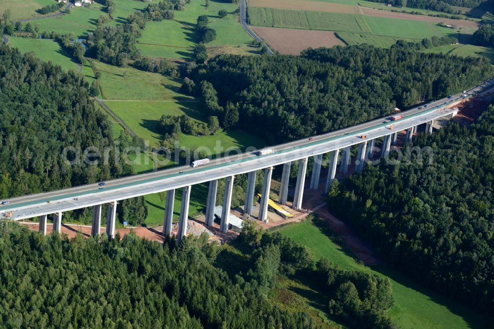 Aerial image Ebersburg - Routing and traffic lanes over the highway bridge in the motorway A 7 E45 - Viadukt of Doellbachtalbruecke in Ebersburg in the state Hesse