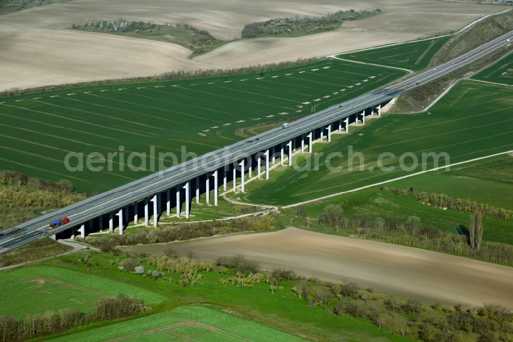 Alberstedt from above - Routing and traffic lanes over the highway bridge in the motorway A 38 - Weidatalbruecke in Alberstedt in the state Saxony-Anhalt, Germany