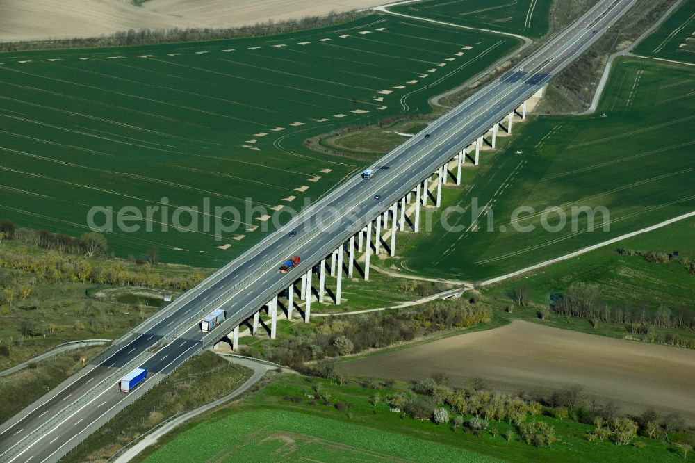 Aerial image Alberstedt - Routing and traffic lanes over the highway bridge in the motorway A 38 - Weidatalbruecke in Alberstedt in the state Saxony-Anhalt, Germany