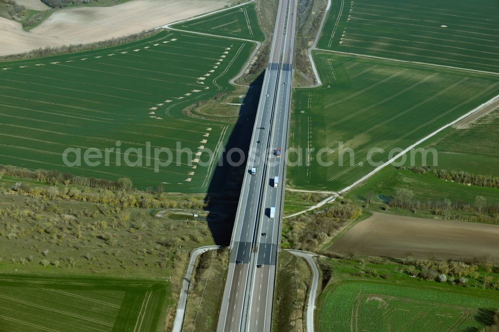 Aerial image Alberstedt - Routing and traffic lanes over the highway bridge in the motorway A 38 - Weidatalbruecke in Alberstedt in the state Saxony-Anhalt, Germany