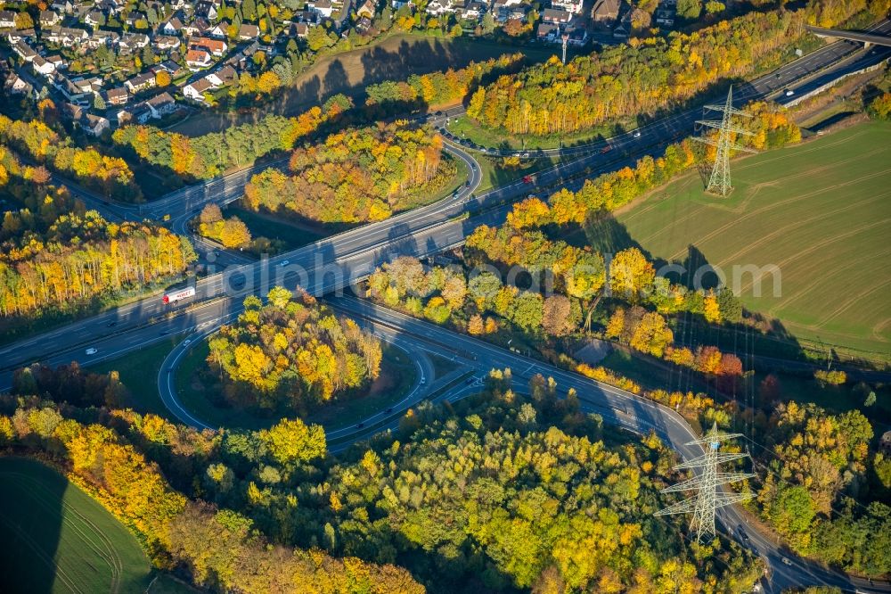 Aerial photograph Witten - Routing and traffic lanes over the highway bridge in the motorway A44 in Witten in the state North Rhine-Westphalia