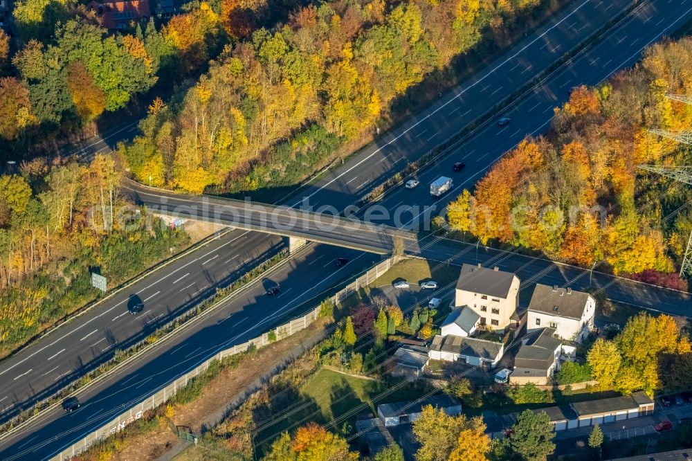 Aerial photograph Witten - Routing and traffic lanes over the highway bridge in the motorway A44 in Witten in the state North Rhine-Westphalia