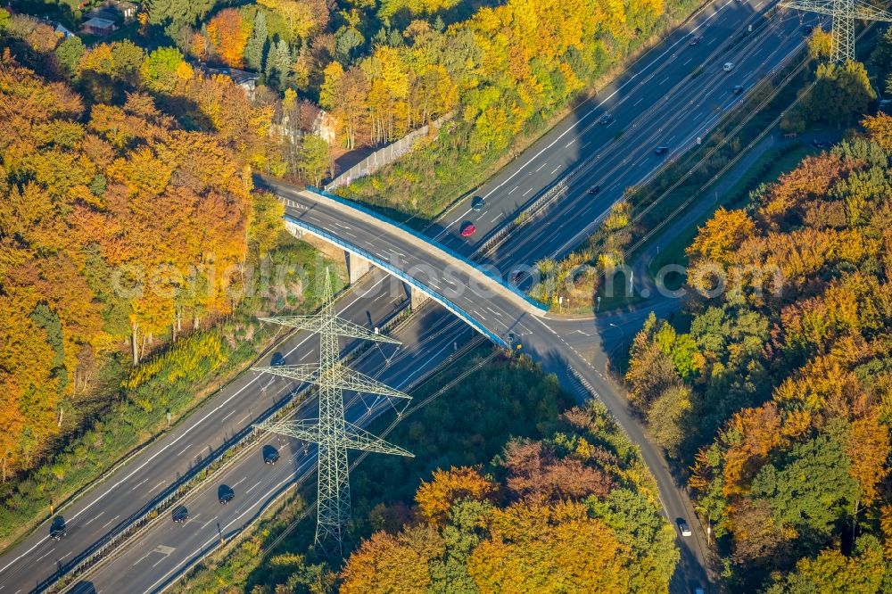 Witten from above - Routing and traffic lanes over the highway bridge in the motorway A44 in Witten in the state North Rhine-Westphalia