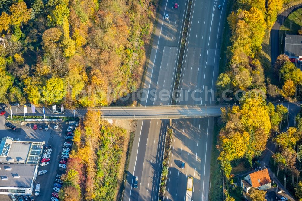 Aerial image Witten - Routing and traffic lanes over the highway bridge in the motorway A44 in Witten in the state North Rhine-Westphalia