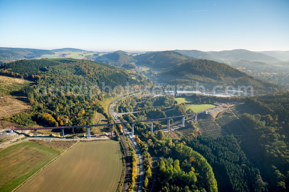 Bestwig from above - Routing and traffic lanes over the highway bridge at the federal highway B7 between Duemel and Olsberg in Bestwig in the state North Rhine-Westphalia