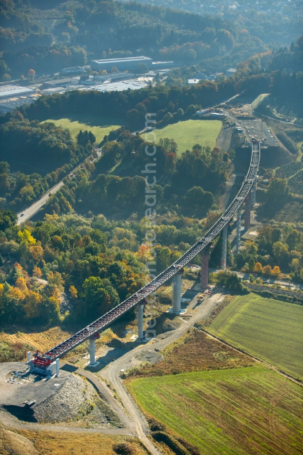 Bestwig from the bird's eye view: Routing and traffic lanes over the highway bridge at the federal highway B7 between Duemel and Olsberg in Bestwig in the state North Rhine-Westphalia